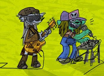 abstract_background anthro band bass_guitar beanie clothing duo electronics eyewear guitar hat headgear headwear keyboard microphone musical_instrument overalls pattern_clothing pattern_shirt pattern_topwear plucked_string_instrument shirt singing string_instrument striped_clothing striped_shirt striped_topwear stripes sunglasses sweater teeth topwear cate_wurtz sour_gummy canid canine canis domestic_dog fox mammal