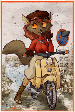 1980s_theme anthro apartment_building bite boots bottomwear brown_body brown_fur clothed clothing dirt_path female footwear fur gloves grey_sky hair handwear hat headgear headwear inner_ear_fluff nipple_outline no_bra outside oversized_bottomwear oversized_clothing oversized_pants pants red_hair scooter shoes sky smoke snow solo sweater topwear town traffic_sign tuft vehicle whiskers winter yellow_eyes chuchito72 domestic_cat felid feline felis mammal absurd_res hi_res