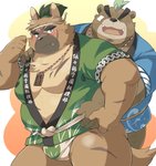 anthro asian_clothing belly blush brown_body brown_fur clothing duo east_asian_clothing fundoshi fur happi_(clothing) japanese_clothing kemono male moobs nipples overweight overweight_male scar underwear ayame42612 lifewonders tokyo_afterschool_summoners ashigara_(tas) yasuyori_(tas) bear canid canine canis domestic_dog mammal 2020 hi_res