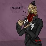 ambiguous_gender beverage black_tie_(suit) clothed clothing creepy eyewear fully_clothed hat headgear headwear heart_symbol monocle not_furry simple_background solo suit tea teeth terribly_british text red-rifle amnesia:_the_dark_descent grunt_(amnesia) monster 1:1