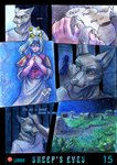 anthro blue_eyes bovid canid canine canis caprine clothed clothing dialogue domestic_sheep duo female green_eyes hi_res horn lirkov looking_back male mammal night sheep sky speech_bubble star starry_sky wolf