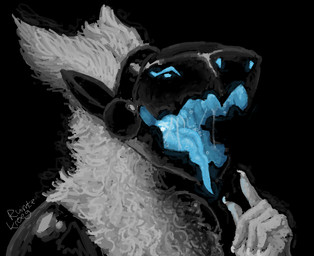 ambiguous_gender anthro black_background bodily_fluids cybernetics drooling fangs fur looking_at_viewer machine mouth_shot open_mouth saliva saliva_string screen screen_face simple_background smile solo teeth text tongue tongue_out white_body white_fur ruimtekroeg ruim_(ruimtekroeg) canid canine cyborg mammal protogen digital_media_(artwork)
