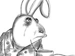 anthro bodily_fluids clothed clothing container cup jacket long_ears male simple_background solo tears topwear white_background d0ncassidy 31_minutos juan_carlos_bodoque lagomorph leporid mammal rabbit 4:3 digital_media_(artwork) hi_res monochrome sketch