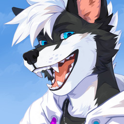 anthro biped black_body black_clothing black_fur black_nose black_topwear blue_background blue_eyes chain_necklace cheek_tuft clothed clothing facial_tuft fangs fully_clothed fur hair happy jacket jewelry looking_at_viewer male necklace open_mouth open_smile red_tongue simple_background smile solo teeth tongue topwear tuft unsigned white_body white_clothing white_fur white_hair white_jacket white_topwear corzh77 canid canine canis mammal wolf 1:1 absurd_res bust_portrait detailed digital_media_(artwork) hi_res icon portrait