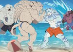 anthro beach biped clothing male muscular muscular_anthro muscular_male muscular_thighs sea splashing_water swimming_trunks swimwear water na1su european_mythology greek_mythology league_of_legends mythology riot_games tencent alistar_(lol) rengar_(lol) volibear bear bovid bovine felid lion mammal minotaur pantherine 2025 colored hi_res