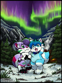 ambiguous_gender anthro aurora_(phenomenon) black_nose blue_body blue_eyes blue_fur blue_hair chibi collar collar_only dipstick_tail duo evergreen_tree fur green_eyes hair markings nude nude_ambiguous open_mouth outside pawpads pine_tree pink_pawpads plant purple_body purple_fur purple_hair tail tail_markings tongue tree o-kemono canid canine fox mammal 3:4 character_request hi_res