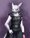 anthro belt black_eyes bottomwear clothing female fur grey_body grey_fur knife pants patchwork pouches red_sclera solo topwear utility_belt vest white_body white_fur furball bandai_namco digimon canid canine digimon_(species) fox hybrid mammal renamon 2023 4:5 hi_res