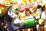 anthro casino group kemono mahjong male musclegut muscular muscular_anthro muscular_male text topknot ssu_open lifewonders tokyo_afterschool_summoners fenrir_(tas) licho_(tas) yasuyori_(tas) canid canine canis domestic_dog felid lion mammal pantherine tiger wolf hi_res japanese_text translated