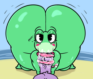 anthro big_butt bodily_fluids bow_tie butt clothing duo erection fellatio female female_penetrated fur genital_fluids genitals green_body huge_butt hyper looking_at_viewer male male/female male_penetrating male_penetrating_female nude oral oral_penetration penetration penile penis purple_body sex simple_background text thick_thighs tongue wide_hips gaze_(artist) glitch_productions the_amazing_digital_circus jax_(tadc) ribbit_(tadc) amphibian frog humanoid lagomorph leporid mammal rabbit absurd_res digital_media_(artwork) english_text hi_res