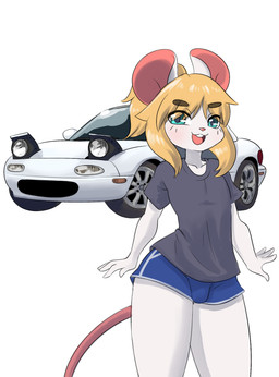 4_fingers anthro blonde_hair blue_bottomwear blue_clothing blue_shorts bottomwear buckteeth bulge car clothing femboy fingers front_view fur hair hotpants looking_at_viewer male open_mouth pink_inner_ear pink_nose ponytail pose shorts simple_background smile solo standing teeth thick_thighs vehicle white_background white_body white_fur mr-shin mazda mazda_miata mazda_mx-5 marvin_(mr-shin) mammal mouse murid murine rodent 2025 hi_res