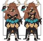 2_horns bangs big_breasts bodily_fluids bottomwear breasts brown_body brown_ears brown_hair brown_skin clothed clothed_female clothed_humanoid clothing drooling feet female female_humanoid fingers fist front_view geometric_background hair hair_over_eyes horn markings mole_(marking) mole_on_shoulder mouth_closed noseless open_mouth saliva simple_background small_breasts smile standing tan_body tan_skin toes white_background zanamaoria sera_(zanamaoria) animal_humanoid bovid bovid_humanoid bovine bovine_humanoid cattle_humanoid humanoid mammal mammal_humanoid ox_humanoid 2021 absurd_res digital_media_(artwork) full-length_portrait hi_res model_sheet portrait