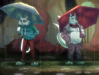 anthro belly biped bottomwear clothing detailed_background duo hoodie male outside pants raining scarf slightly_chubby standing topwear umbrella razojz beastly_crimes beastly_crimes_(2024) arctic_fox_(beastly_crimes) badgercat arctic_fox canid canine domestic_cat felid feline felis fox mammal true_fox 2025 4:3 animated short_playtime sound video