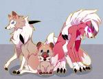 ambiguous_gender blue_eyes brown_body brown_fur claws feral food fur group onion_rings pink_eyes red_body red_fur simple_background mimigoo nintendo pokemon canid canine generation_7_pokemon lycanroc mammal midday_lycanroc midnight_lycanroc pokemon_(species) rockruff 2016