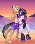 beach clothing duo eyewear female glasses inflatable kissing male seaside sunset swimwear strawberryneko animate_inanimate canid canine canis living_inflatable mammal wolf hi_res