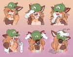 ambiguous_gender anthro arms_tied ball_gag bdsm blush bondage bound brown_body brown_fur clothing crossed_arms disembodied_hand duo eyes_closed female female/ambiguous fur gag gag_sequence gagged gagging hat hat_over_eyes headgear headpat headwear muzzle_(object) muzzled orange_body orange_fur pink_background pouting simple_background tape tape_bondage tape_gag yellow_background leafywolf mae_(leafywolf) canid canine canis domestic_dog hybrid mammal maned_wolf shiba_inu spitz hi_res