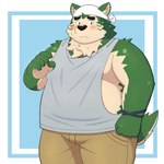 anthro belly big_belly black_nose blush bottomwear clothing countershading green_body kemono male moobs nipples overweight overweight_male pants shirt solo topwear yaki_atsuage lifewonders live_a_hero mokdai canid canine canis domestic_dog mammal 1:1 2022 hi_res