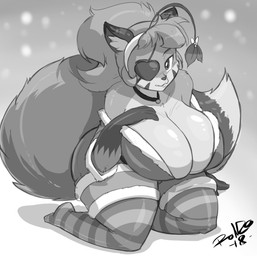 anthro big_breasts big_butt blue_body blue_fur blue_hair breasts butt clothed clothing curvy_figure eye_patch eyelashes eyewear female fur gift hair happy heart_eye_patch heart_symbol holidays holly_(plant) huge_breasts huge_butt kissing_bough legwear midriff mistletoe plant pole slightly_chubby smile solo stripes thick_thighs thigh_highs underwear voluptuous white_body white_fur wide_hips shonuff christmas lazuli_(doggod.va) canid canine fox mammal 2018 hi_res monochrome