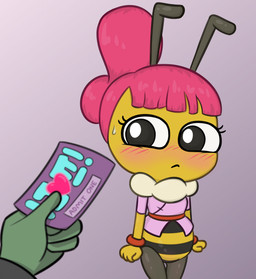 antennae_(anatomy) anthro blush bodily_fluids bracelet clothing duo female first_person_view green_body green_skin hair holding_object jewelry male pink_hair sweat ticket 4chan_anon incredible_ant anon bibi_(incredible_ant) arthropod bee human hymenopteran insect mammal 2024 hi_res