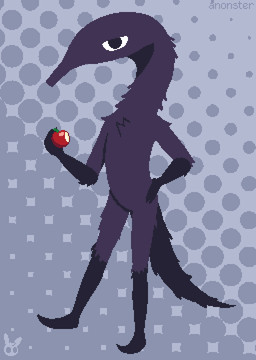 anthro apple biped bite_taken dark_body dark_fur eating food fruit fur gloves_(marking) grey_background halftone_background hand_on_hip holding_object logo long_tail male markings mouthless pattern_background plant purple_body purple_fur simple_background solo tail anonster squirmle halftone hi_res watermark
