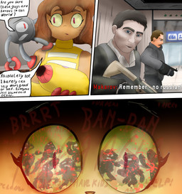 anthro arm_cannon blood bodily_fluids brown_body brown_fur burning claws clothing death dialogue elevator eye_reflection fatal female fire fur genocide glistening glistening_eyes group gun hair looking_at_another machine male no_russian open_mouth pain ptsd ranged_weapon reflection shooting speech_bubble surprised terrorism text violence vladimir_makarov weapon weapon_arm whiskers marunishkek activision call_of_duty call_of_duty:_modern_warfare_2 gameoverse glitch_productions kaboodle_(gameoverse) kit_bodega animal_humanoid cat_humanoid domestic_cat felid felid_humanoid feline feline_humanoid felis human humanoid mammal mammal_humanoid robot 2026 absurd_res comic crossover english_text hi_res