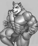 2017 abs absurd_res anthro biceps bottomwear bulge canid canine clothed clothing digital_media_(artwork) felid fur halloween hi_res holidays loincloth male mammal monochrome muscular muscular_anthro muscular_male pantherine pecs raytig12 scar simple_background skimpy solo tiger topless