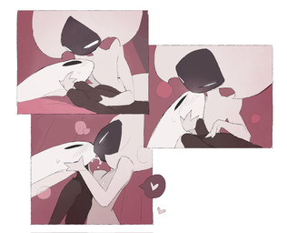 anthro bedroom biped black_body black_eyes bodily_fluids border detailed_background duo empty_eyes eye_contact eyes_closed female female/female female_anthro female_humanoid heart_symbol humanoid_on_anthro inside kissing looking_at_another looking_at_partner lying mouthless narrowed_eyes nude on_back saliva saliva_string speech_bubble tongue tongue_out white_body white_border white_eyes justdog hollow_knight:_silksong hollow_knight_(franchise) team_cherry hornet_(hollow_knight) lace_(hollow_knight:_silksong) arthropod humanoid 2025 comic digital_drawing_(artwork) digital_media_(artwork) hi_res