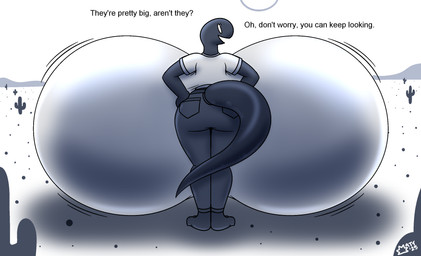 anthro big_breasts bottomwear breasts butt cactus clothing female grey_body huge_breasts hyper hyper_breasts looking_at_viewer looking_back open_mouth pants plant question_mark shirt solo text topwear mattthetooncat google google_chrome dinosaur_(google_chrome) dinosaur prehistoric_species reptile scalie english_text hi_res