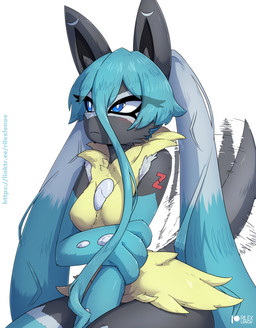 anthro biped blush breasts cosplay countershading crossover_cosplay eyelashes female fur glistening hair medium_breasts multicolored_body pokemorph pupils simple_background solo tail tail_motion tailwag text thick_thighs wide_hips rilex_lenov nintendo pokemon pokemon_legends_z-a vocaloid yamaha_corporation hatsune_miku canid generation_9_pokemon mammal mega_evolution mega_lucario_z pokemon_(species) 2025 crossover hi_res