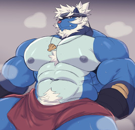 abs accessory anthro barazoku beard biceps big_muscles black_headband blue_body blue_fur bodily_fluids bottomwear chest_tuft clothing facial_hair forearm_muscles fur grey_nipples hair headband jewelry kemono looking_at_viewer male muscular muscular_anthro muscular_male mustache navel necklace nipples obliques pecs ponytail pubes red_bottomwear red_clothing seashell seashell_necklace shell short_ponytail solo steam sweat tuft white_facial_hair white_hair wraps wrist_wraps juggermelon nintendo pokemon ronin_(juggermelon) generation_5_pokemon pokemon_(species) samurott 2025 hi_res sketch