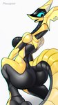 anthro big_tail blue_eyes breasts butt curvy_figure feet female hood pose rear_view scales simple_background solo tail wide_hips plecopsar cobra hog-nosed_snake hybrid reptile scalie snake synth_(vader-san) 4k 9:16 absurd_res hi_res pinup shaded