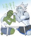 anthro arm_wrestling bottomwear bra breasts clothing duo female hair kemono larger_anthro larger_female male muscular muscular_female shorts size_difference smaller_humanoid smaller_male smile spandex spandex_shorts sports_bra text tight_bottomwear tight_clothing tight_shorts underwear kazuhiro humanoid hybrid orc scalie japanese_text translated