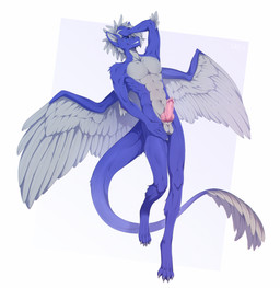 4_toes abs animal_genitalia animal_penis anthro athletic balls blue_body blue_eyes blue_feathers blue_fur claws digitigrade erection feathered_wings feathers feet fingers fur genitals grey_body grey_feathers grey_fur grey_genitals hair knot knotted_penis looking_at_viewer male male_anthro muscular nude penis pink_genitals pink_penis simple_background smile solo spread_wings tail toes tuft white_body wings sadih mythology dragon feathered_dragon feathered_scalie furred_dragon furred_scalie mythological_creature mythological_scalie scalie digital_media_(artwork) hi_res