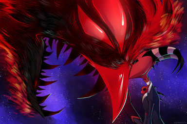 4_eyes alternate_form anthro back_spikes beak clothed clothing cosmic_background demonic duo eyes_closed fangs feral hand_on_beak head_to_head looking_at_another male multi_eye open_mouth red_eyes space space_background spikes spikes_(anatomy) teeth demxnteeth hellaverse helluva_boss blitzo_(helluva_boss) stolas_(helluva_boss) avian imp owl_demon 3:2 hi_res