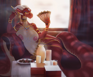 amber_eyes anthro apode big_breasts bracelet breasts choker clothing convenient_censorship digit_ring ear_fins eyeshadow eyewear female fin finger_ring fingers food fruit furgonomic_piercing furgonomics gem glasses gold_(metal) gold_bracelet gold_jewelry hand_fan horn jewelry legless long_nails makeup necklace piercing plant pupils purple_eyeshadow ring scales serpentine slit_pupils smoke solo strawberry xenoforge mythology oroborous_(partran) draconcopode dragon mythological_creature mythological_scalie scalie 2020 digital_media_(artwork)