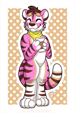 3_fingers 4_toes ambiguous_gender anthro brown_hair brown_nose cheek_tuft eyes_closed facial_tuft feet fingers fur hair holding_object kerchief kerchief_only markings mostly_nude orange_background pattern_background pink_body pink_fur simple_background solo striped_body striped_fur striped_markings striped_tail stripes tail tail_markings toes tuft white_body white_fur emilythepenguin felid mammal pantherine tiger 2:3