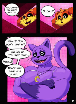 anthro black_claws black_sclera blush claws crossed_arms dialogue dipstick_tail duo fangs fur glistening glistening_body gloves_(marking) jewelry long_ears long_tail male markings multicolored_body muscular muscular_male necklace pecs pink_background pointy_ears purple_body purple_fur simple_background smile tail tail_markings teeth text tuft two_tone_body whiskers ch4mm0zotz mob_entertainment poppy_playtime smiling_critters catnap_(poppy_playtime) dogday_(poppy_playtime) canid canine canis critters_(poppy_playtime) domestic_cat domestic_dog felid feline felis mammal absurd_res comic english_text hi_res
