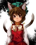 2_tails ambiguous_gender brown_hair clothing hair hat headgear headwear looking_at_viewer multi_tail ribbons simple_background smile solo tail nekoarashi asian_mythology east_asian_mythology japanese_mythology mythology touhou chen_(touhou) animal_humanoid cat_humanoid felid felid_humanoid feline feline_humanoid humanoid mammal mammal_humanoid nekomata yokai 2011 female_(lore)