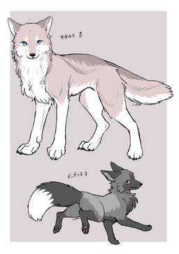 ambiguous_gender black_body black_ears black_fur black_nose black_tail blue_eyes brown_pawpads countershade_tail countershading dipstick_tail duo female_symbol feral fluffy fluffy_tail fur gender_symbol gloves_(marking) grey_body grey_fur leg_markings looking_at_viewer male_symbol markings mouth_closed multicolored_body multicolored_fur multicolored_tail pawpads pointy_ears prick_ears quadruped red_eyes side_view snout socks_(marking) symbol tail tail_markings tan_body tan_ears tan_fur text white_body white_fur white_inner_ear white_tail_tip tsukune_minaga azami_(tsukune_minaga) morgan_(tsukune_minaga) canid canine canis fox mammal red_fox silver_fox true_fox wolf 2025 digital_media_(artwork) hi_res japanese_text signature translated female_(lore) male_(lore)