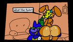 anthro ass_clapping balls big_butt bouncing_balls bouncing_butt butt butt_grab confusion duo female genitals grope hand_on_butt machine male male/female text superiorfox the_walten_files lorenzo_waterman_(the_walten_files) pumpkin_rabbit tammy_(twf) domestic_cat felid feline felis mammal robot 7:4 animated comic_sans english_text short_playtime