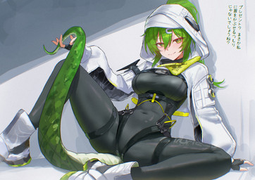 ankle_boots black_bodysuit black_clothing black_gloves black_handwear black_skinsuit bodysuit boots breasts clothing female fingerless_gloves footwear gloves green_eyes green_hair hair hair_between_eyes handwear holding_own_tail holding_tail hood jacket long_sleeves medium_breasts navel ponytail shoes sitting skinsuit smile tail tight_clothing topwear white_boots white_clothing white_footwear white_jacket white_topwear uof arknights arknights_endfield hypergryph studio_montagne fluorite_(arknights) animal_humanoid humanoid reptile reptile_humanoid scalie scalie_humanoid snake_humanoid absurd_res hi_res