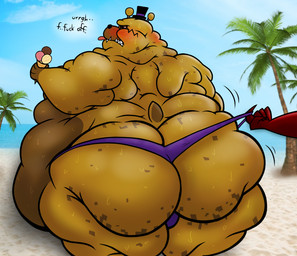 anthro beach belly big_belly big_butt blush bodily_fluids bulge butt clothing hat headgear headwear huge_butt male morbidly_obese morbidly_obese_male obese obese_male overweight overweight_male solo_focus sweat thong tongue tongue_out top_hat underwear yellow_body monsterflab five_nights_at_freddy's five_nights_at_freddy's_4 scottgames nightmare_fredbear_(fnaf) bear mammal