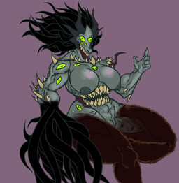 areola belly_mouth big_breasts black_eyes black_tentacles breasts brown_body brown_fur cross_pupils female front_view fur genitals green_sclera grey_areola grey_body grey_horn grey_nipples horn multi_eye nipples nude pseudo_hair purple_background sharp_teeth simple_background solo spikes spikes_(anatomy) teeth tentacle_hair tentacles thick_thighs vulva wide_hips horny2death humanoid monster monstrous_humanoid hi_res
