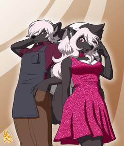 anthro apron black_body black_fur breasts chest_tuft claws cleavage clothed clothing collared_shirt colored_nails countershading crossgender dress duo female fur hair hand_in_pocket khaki_pants long_hair looking_at_viewer male male/female nails obscured_eyes pen_in_pocket pockets red_clothing red_eyes scarf sequin_dress shirt surprised topwear tuft white_hair hanimetion coffee_buns mice_tea leo_bianco mammal mephitid skunk absurd_res hi_res