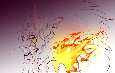 ambiguous_gender anthro blood blood_from_eye bodily_fluids cheek_tuft claws elemental_manipulation facial_tuft fire fire_manipulation horn simple_background solo teeth tuft unsigned whiskers kardinaluz bust_portrait partially_colored portrait sketch