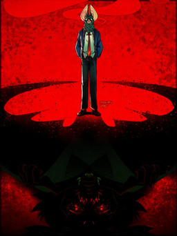 ambiguous_gender biped black_body black_fur for_a_head fur necktie red_necktie solo standing white_eyes pixolms dispatch sonar_(dispatch) animal_head animal_humanoid bat humanoid mammal 2025 hi_res