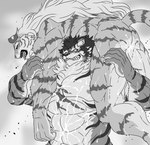 abs anthro biceps bodily_fluids butt carrying_over_shoulder chest_scar cum cum_in_ass cum_inside duo facial_scar fur genital_fluids hair humanoid_hands long_hair male markings muscular muscular_anthro muscular_calves muscular_male muscular_thighs nude open_mouth pecs scar short_hair striped_body striped_fur striped_markings striped_tail stripes tail tail_markings triceps broken_(artist) sdorica pang_(sdorica) yao_(sdorica) felid mammal pantherine tiger 2021 greyscale hi_res monochrome