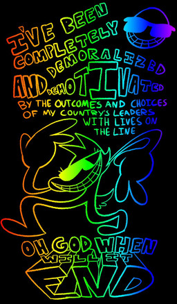 anthro black_background eyewear female humor multicolored_line_art politics rainbow_line_art relatable simple_background smile solo sunglasses text the_truth wearing_sunglasses aimkid fella_(aimkid) colored_line_art english_text hi_res monochrome reaction_image