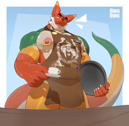 anthro apron apron_only areola barazoku barista beverage big_areola big_nipples brown_apron brown_clothing claws clothing coffee coffee_mug facial_horn facial_spikes finger_claws furniture gloves_(marking) green_body green_scales hair holding_tray horn long_ears long_hair low-angle_view male markings multicolored_body multicolored_scales muscular muscular_anthro muscular_male muscular_thighs nipple_piercing nipple_ring nipples nose_horn orange_body orange_scales piercing ring_piercing scales serving_beverage serving_tray solo spikes spikes_(anatomy) steam table text vein veiny_muscles white_body white_scales yellow_body yellow_scales makebork mythology auron_ardere dragon mythological_creature mythological_scalie scalie 2026 absurd_res artist_name hi_res