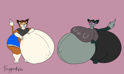 anthro beanie belly big_belly big_breasts big_butt black_beanie black_bottomwear black_clothing black_hat black_headwear black_inner_ear black_pants black_shirt black_topwear blue_body blue_bottomwear blue_clothing blue_ears blue_shorts blue_tail bottomwear breasts brown_body brown_ears brown_eyebrows brown_inner_ear brown_nose brown_tail butt clothing dipstick_tail duo empty_eyes eyebrows female grey_body grey_clothing grey_shirt grey_tail_tip grey_topwear hand_on_belly hand_on_own_belly hat headgear headwear huge_belly huge_breasts huge_butt hyper hyper_belly hyper_breasts hyper_butt hyper_pregnancy male markings multicolored_body multiple_pregnancies navel open_mouth open_smile outie_navel pants pink_background pink_eyes pregnant pregnant_anthro pregnant_female pregnant_male shirt shorts simple_background smile tail tail_markings text text_on_clothing thick_thighs three-quarter_view topwear two_tone_body white_body white_eyes white_mouth white_tail_tip yellow_sclera froggerest microsoft ori_(series) xbox_game_studios qilla_(reathe) rhamani moki_(species) 2026 5:3 colored digital_media_(artwork) flat_colors hi_res signature