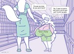 aisle anthro apron big_breasts bottle bottomwear box breasts butt can clothing container copyright_symbol dialogue dialogue_box dress duo female footwear grocery_store hair huge_breasts name_tag open_mouth pants price_gun shelf shirt shoes short_stack speech_bubble symbol text text_on_apron text_on_clothing thick_thighs topwear satsumalord cecily_(satsumalord) canid canine canis domestic_cat domestic_dog felid feline felis herding_dog mammal pastoral_dog welsh_corgi 2017 comic_sans digital_media_(artwork) english_text hi_res sketch